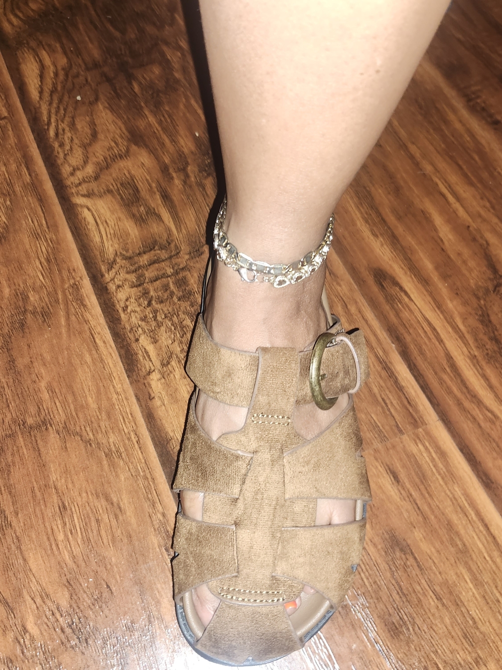 No Boundaries Tan Suede Strappy Sandal with Round Buckle